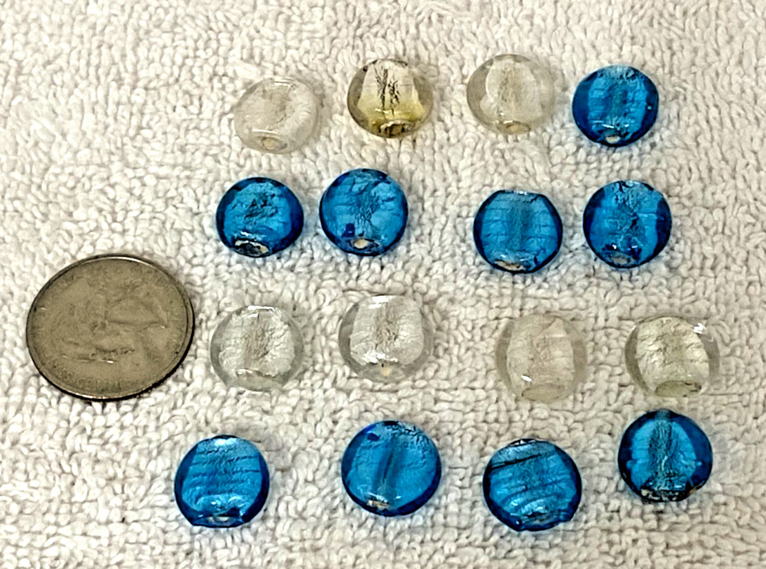 16 Vintage Bright Blue White Silver Foil Glass Flat Round Beads 1/2″ W x 1/8″