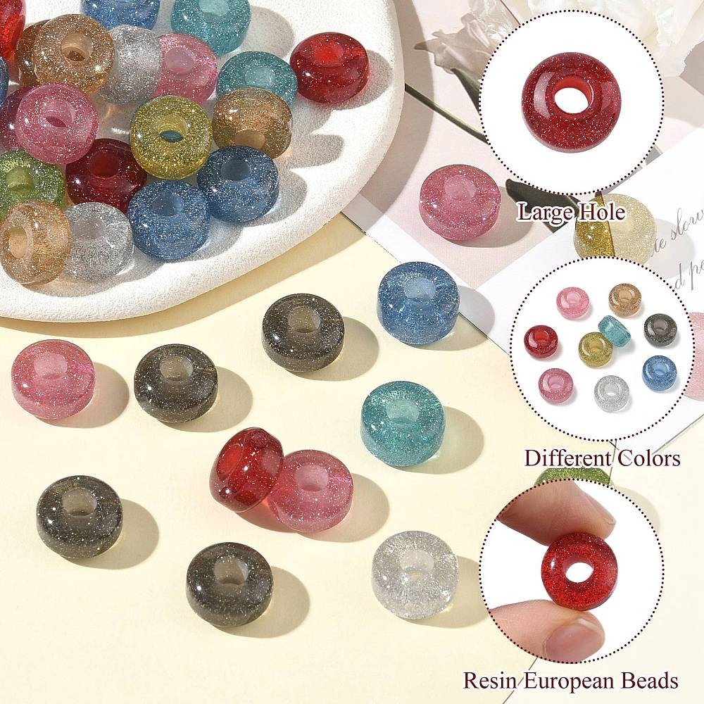 50Pcs Transparent Resin European Beads, Glitter Powder Large Hole Rondelle Beads