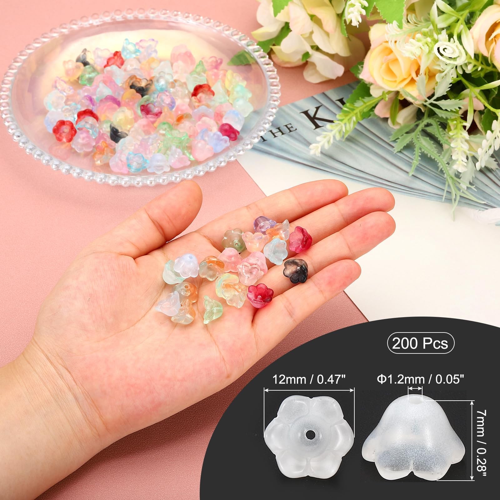 PATIKIL Glass Trumpet Flower Beads, 200 Pcs Gradient Flower Bead Charm for Je…