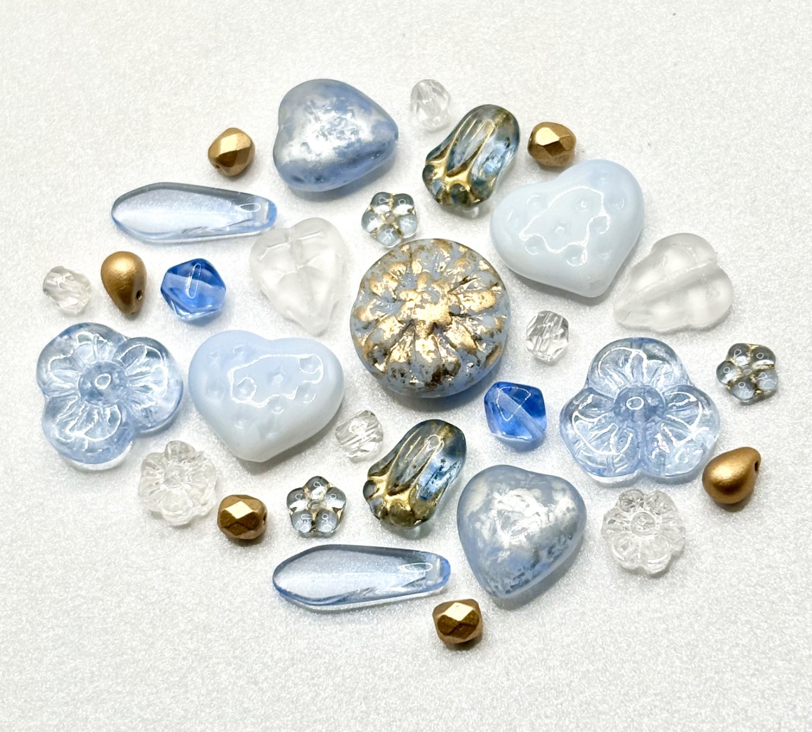 30 Czech Beads – ALL CZECH GLASS BEAD MIX Powder Blue/Gold Mixed Czech Glass Lot