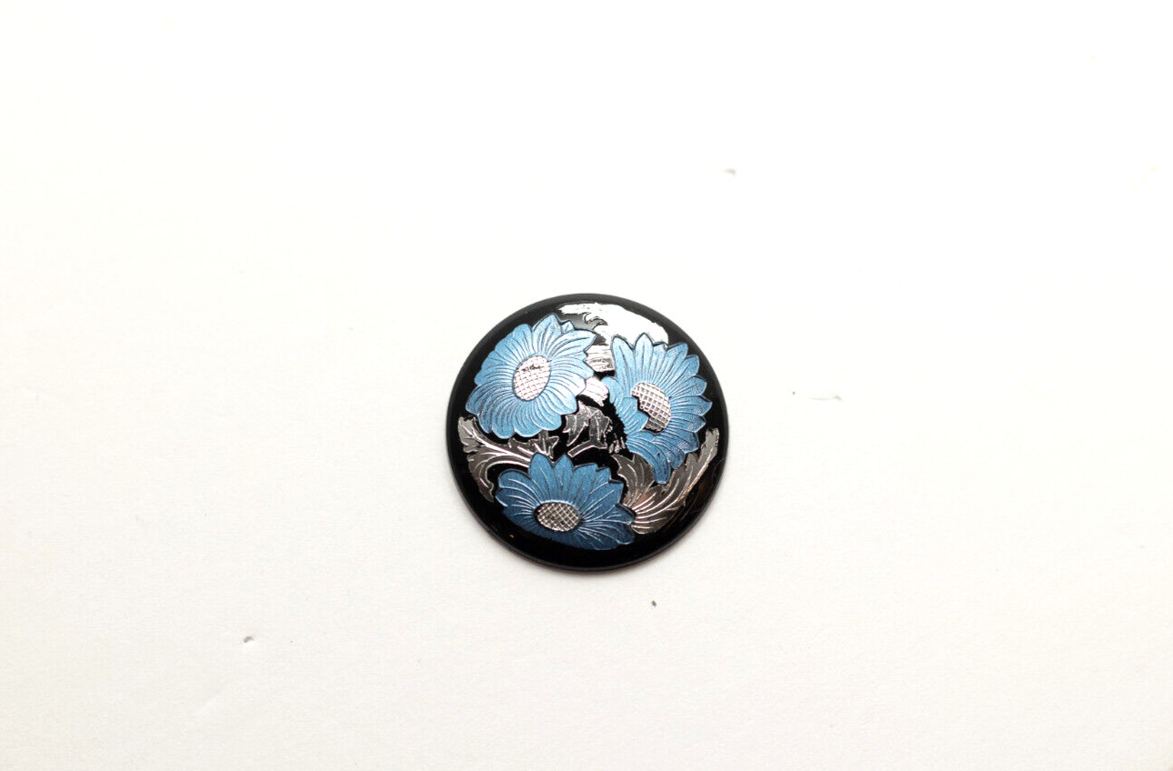 34.5 mm Vintage Cabochon Floral Blue/Black/Silver~Art Deco~Jewelry Making PKG 12