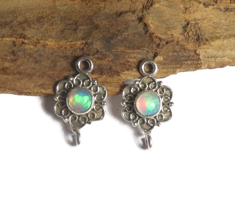 fire opal connector for earring making jewelry links sterling silver with opal