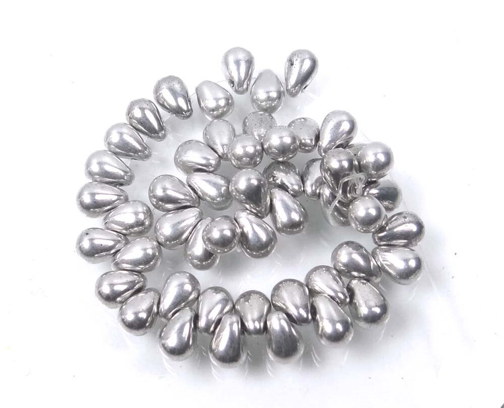 50 Czech Glass Teardrop Beads – Aluminium Silver 6x4mm