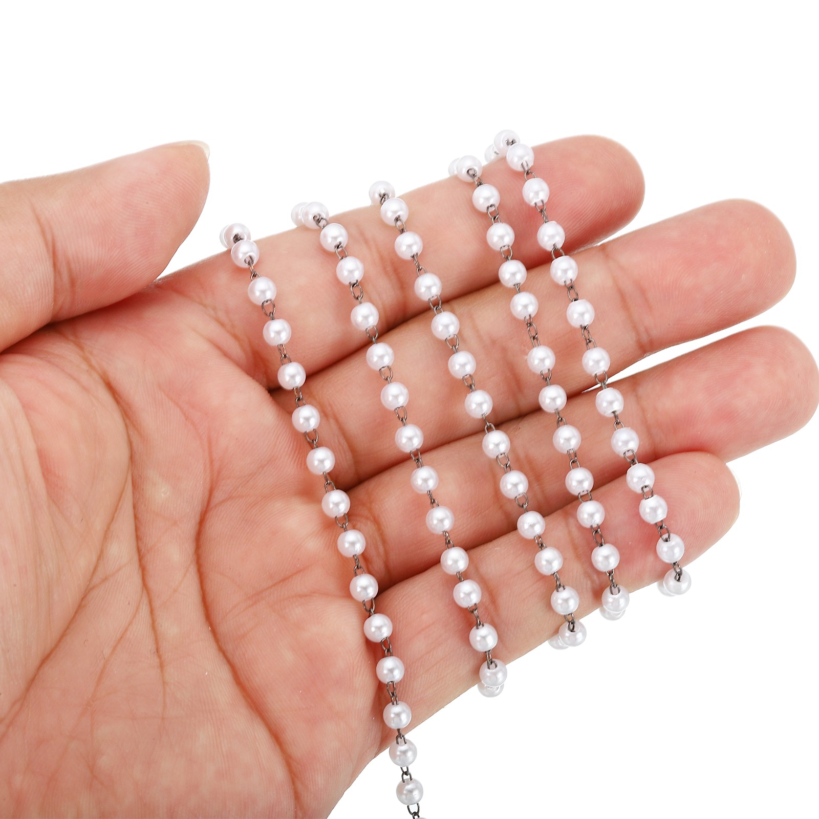 5m/16 Feet Faux Pearl Beading Chain, 4mm Brass Chain Link Style 1, Dark Silver