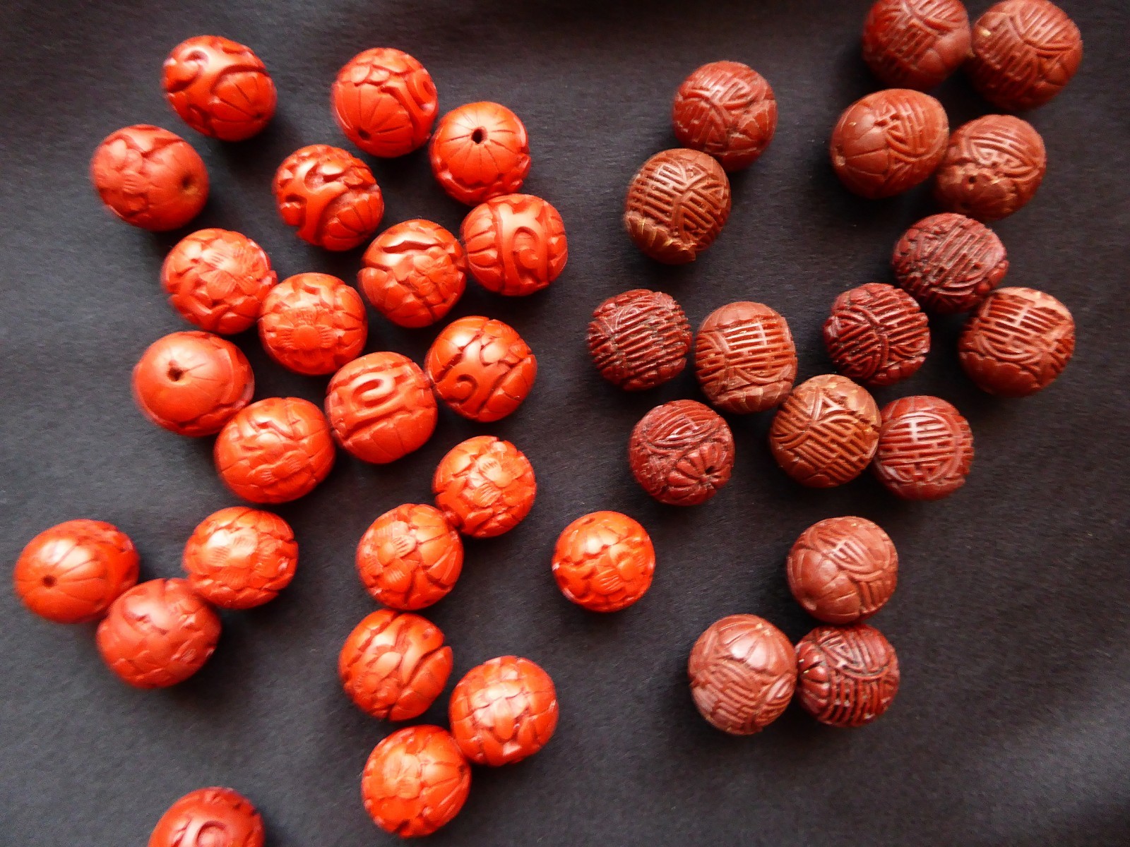 Vintage Cinnabar Beads Lot (40) Red & Dark Red Jewelry Crafts Chinese Carved