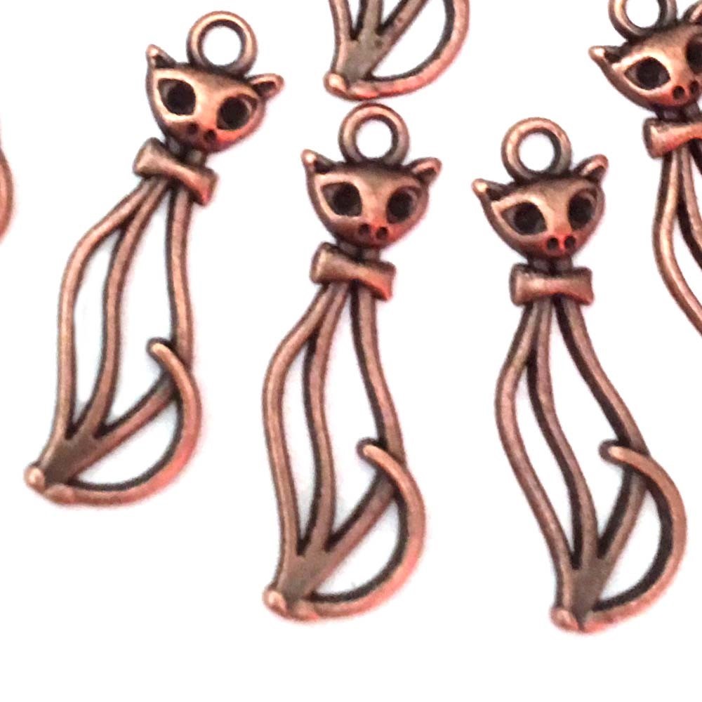 10 Kitty Charms Pendant Antique Copper Pewter 50’s Style Cat Animal 34mm