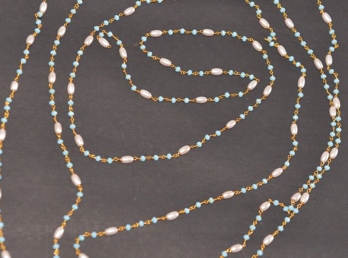 3mm Turquoise faceted beads & rice pearl rosary chain, beaded bulk roll chain
