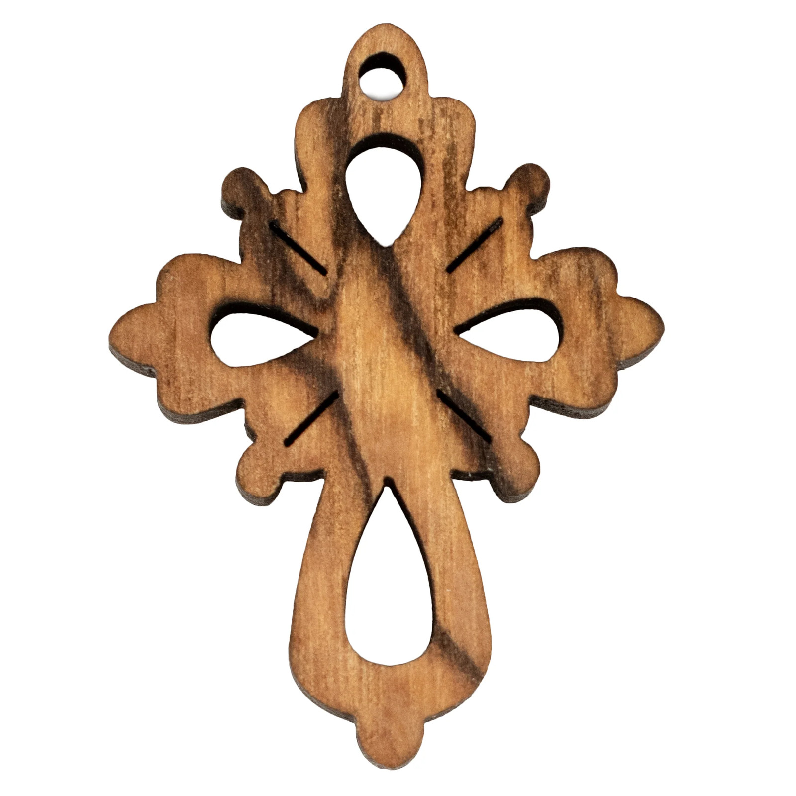 Olive Wood Pendant from Bethlehem Floral Cross Middle East Brown Large Hole
