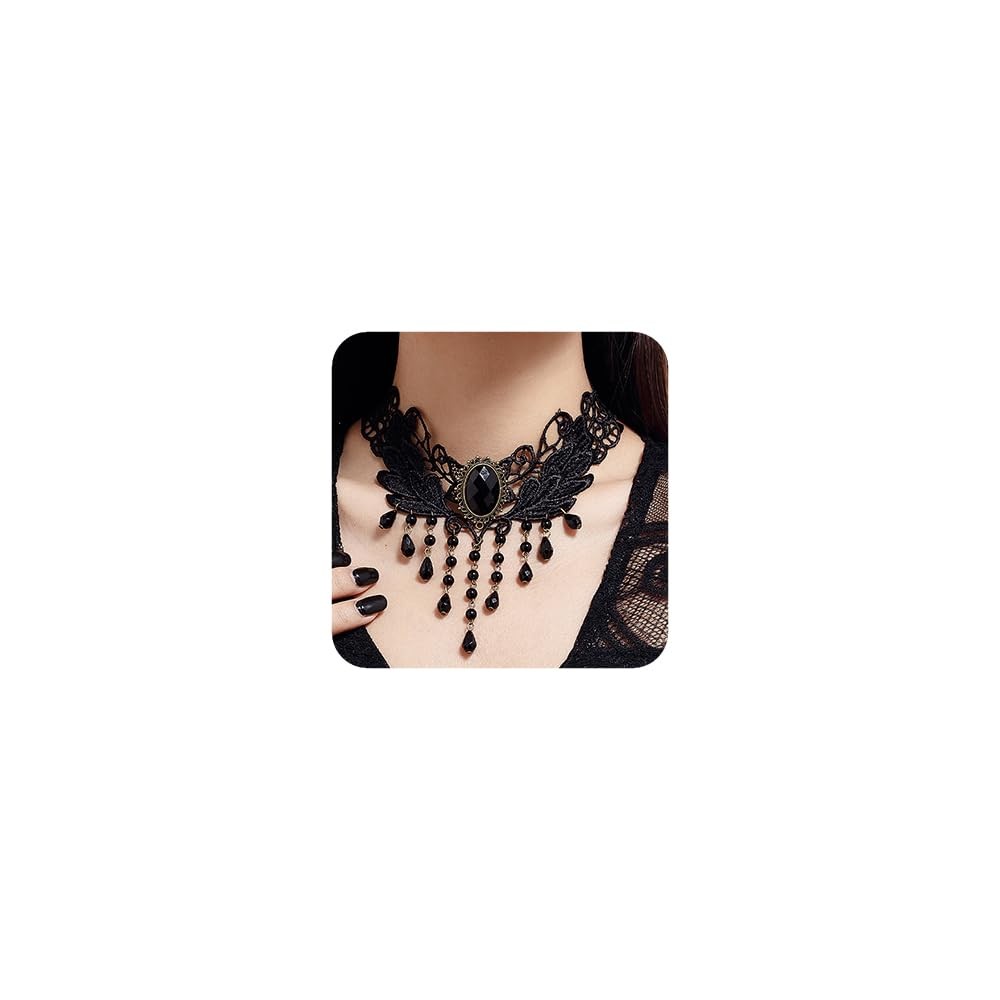Punk Women Black Halloween Lace Choker Necklace Shinny Tassels Crystal Punk Blac
