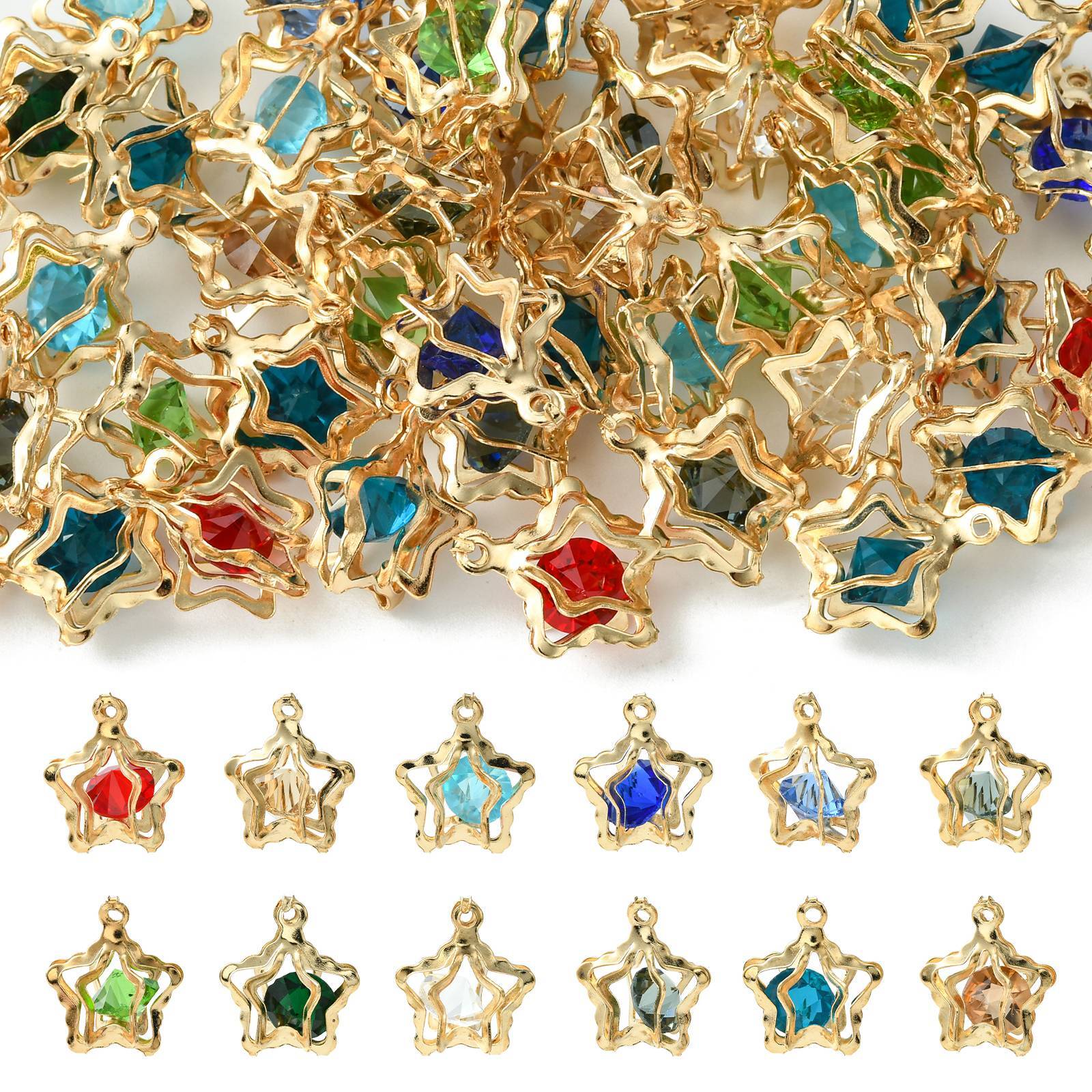50x Iron Golden Rhinestone Star Dangle Charm Pendants for DIY Jewelry Making