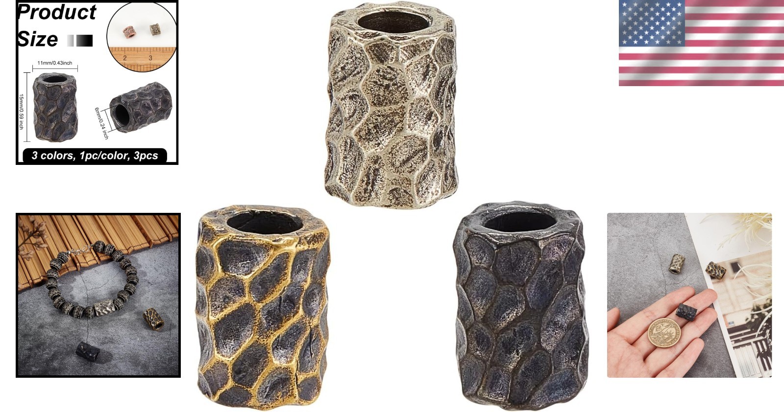3Pcs Brass Beads 11x15mm Large Hole for Paracord Jewelry DIY Crafts