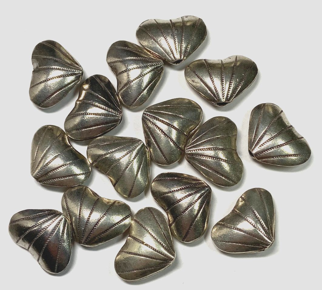 3 Hill Tribes Thai Silver Lined Heart Beads 15x20mm 3.3g Handcrafted in Thailand