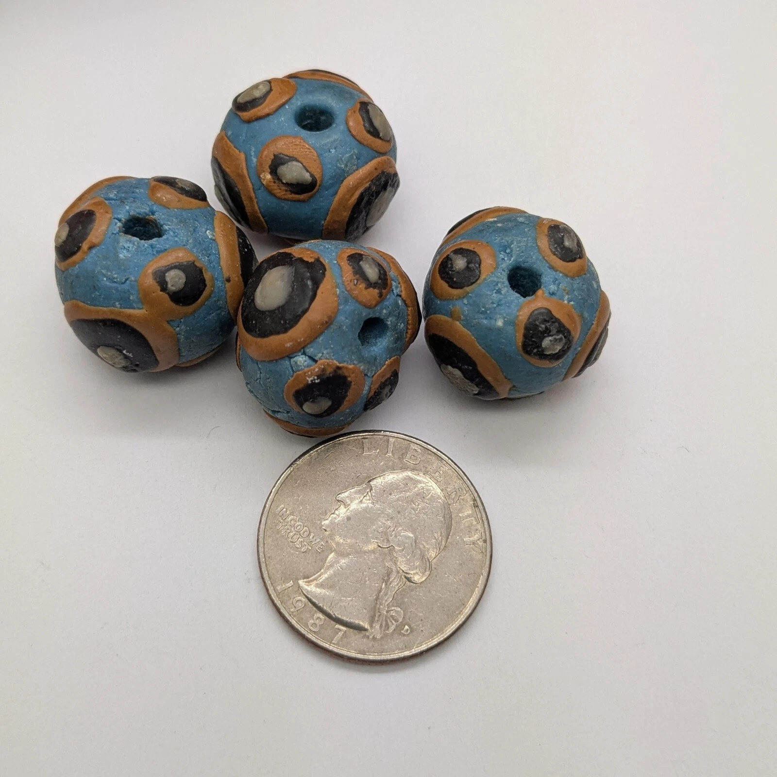 4 Clay Beads Chunky Artisan Made Blue with Circles (18192)