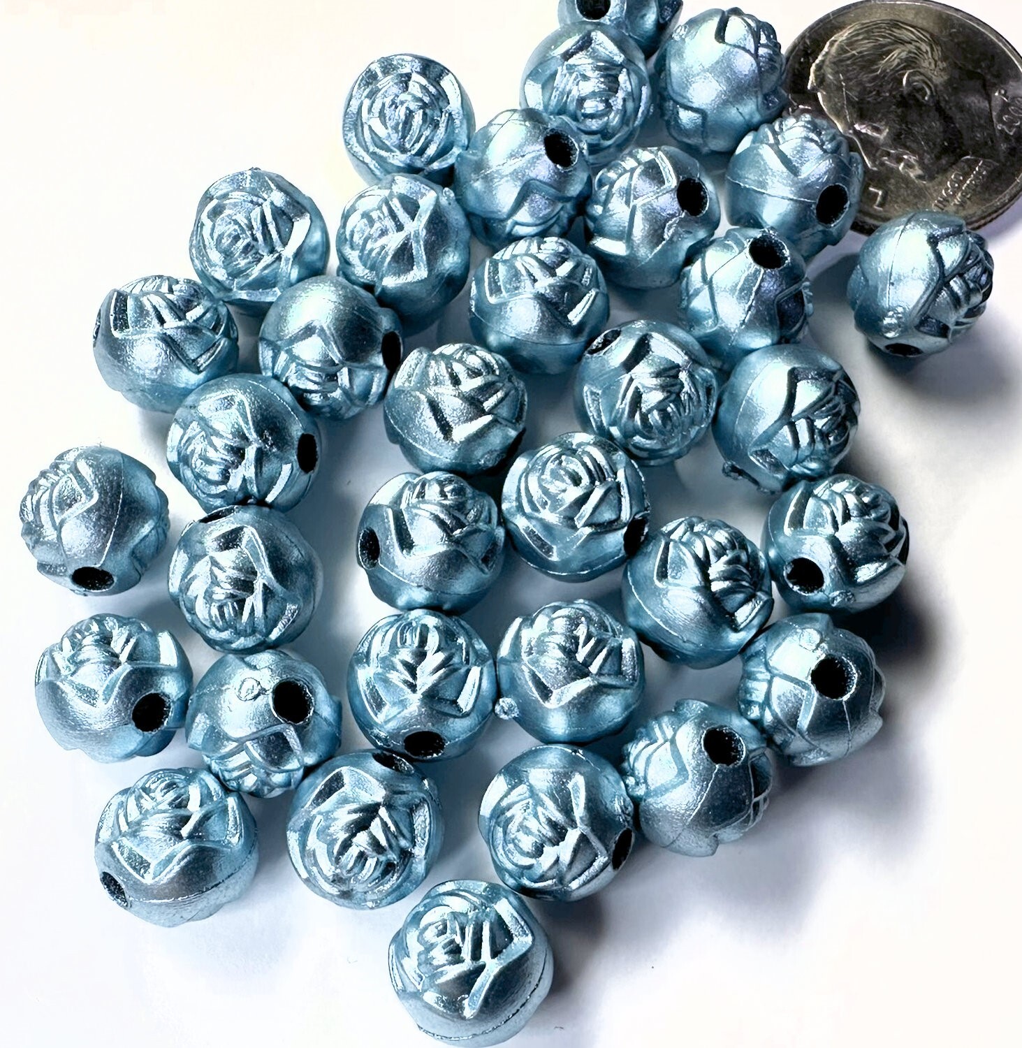 Bead, 100 Metallic Light Teal Acrylic 8mm Round Rose Flower Beads