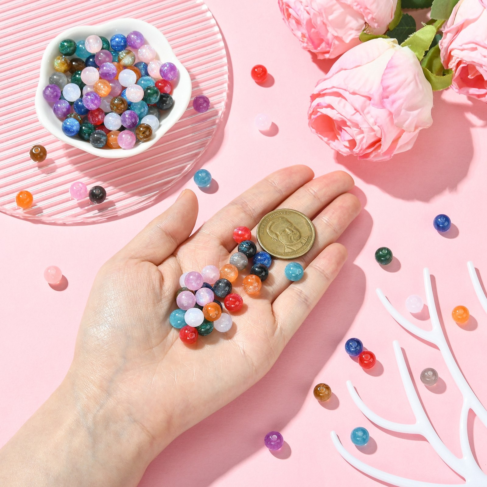 120pcs 8mm Imitation Cat Eye Round Resin Beads Glitter Powder Round Beads DIY