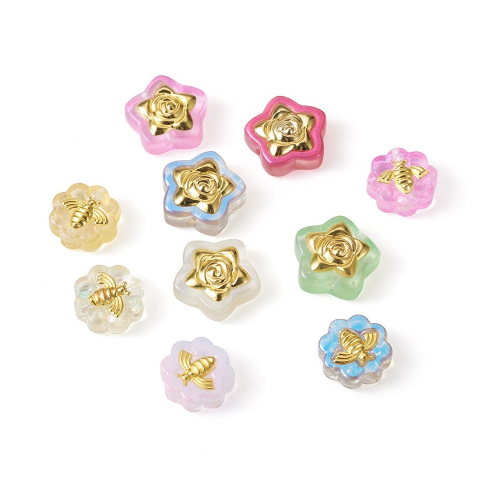 1Box Transparent Star Flower Bee Spray Painted Glass Beads with Glitter Powder