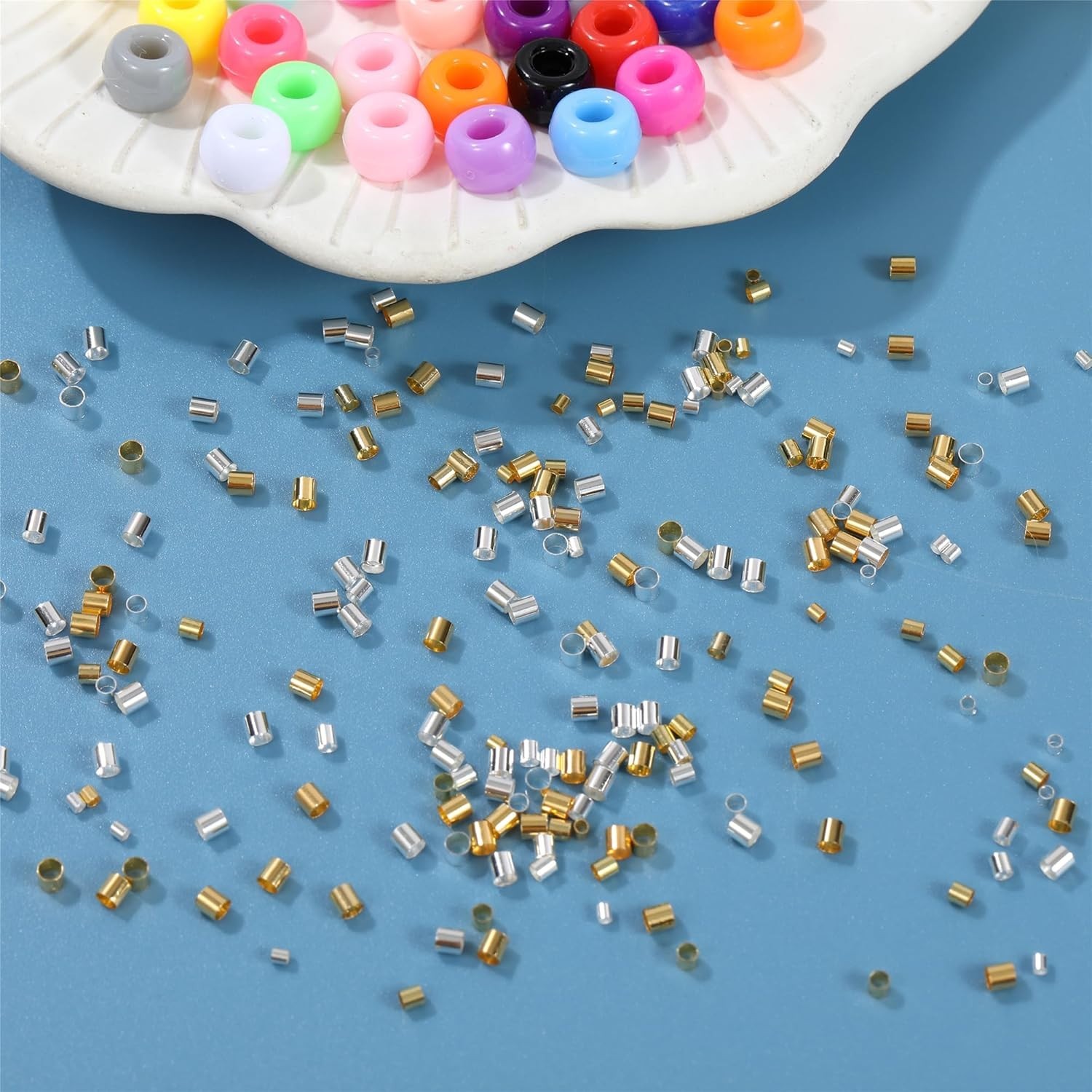 1050 Pcs Silver and Gold Crimp Beads for Jewelry Making, 1.5mm 2mm 2.5mm Crimpin
