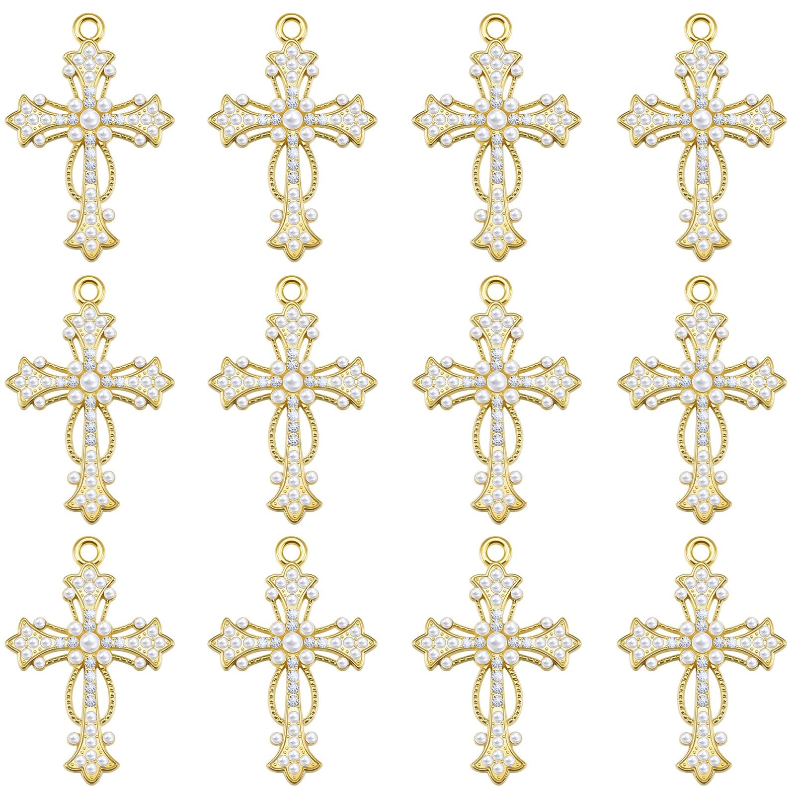 WenRity 30Pcs Crystal Rhinestone Pearl Cross 1.28 x 0.85 x 0.13 inches, Gold