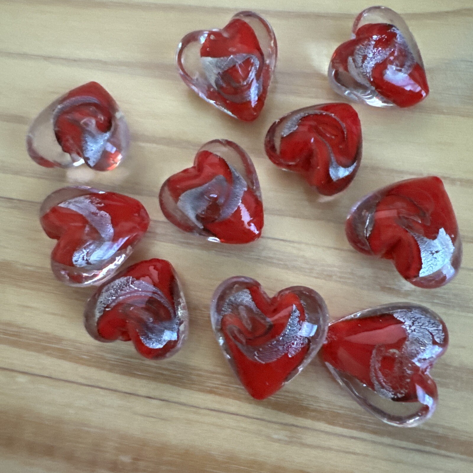 10 RED SILVER FOIL LAMPWORK HEART BEADS 20mm – Assorted DIY JEWELRY MAKING