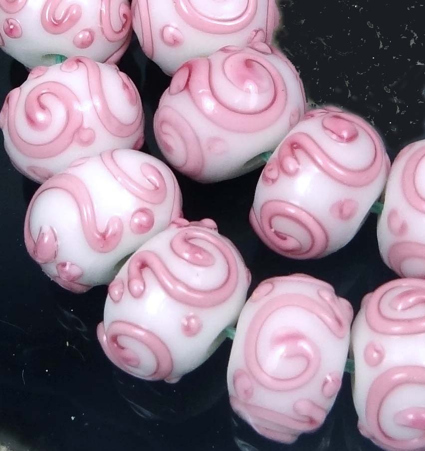 8 Lampwork Handmade Glass Pink Scroll Rondelle Spacer Beads