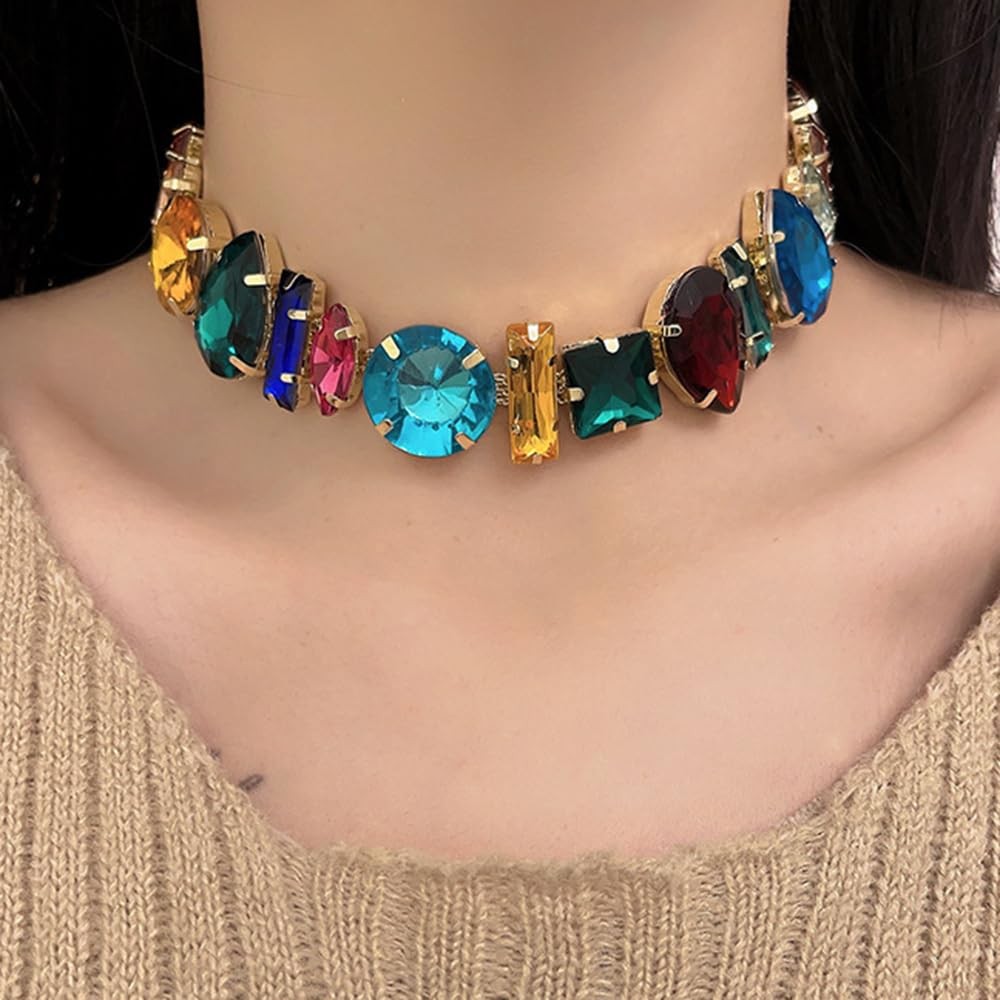Boho Fashion Prom Shinny Colorful Rhinestones Chunky Choker Necklace Dainty Sexy