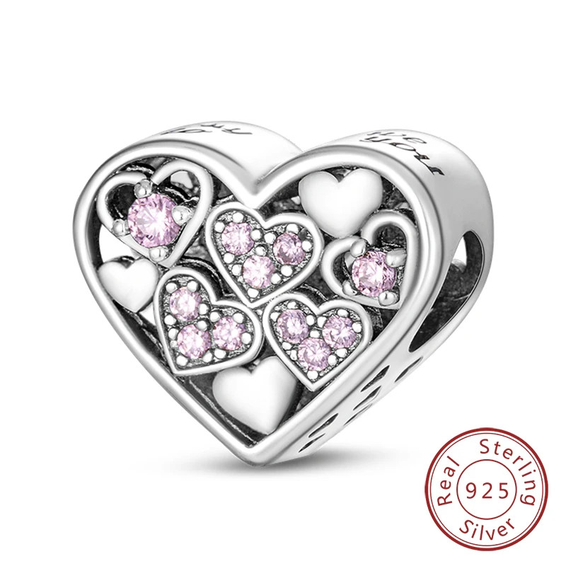 925 Sterling Silver Charm Beads Family Sister Love Heart Pendant DIY Bracelet