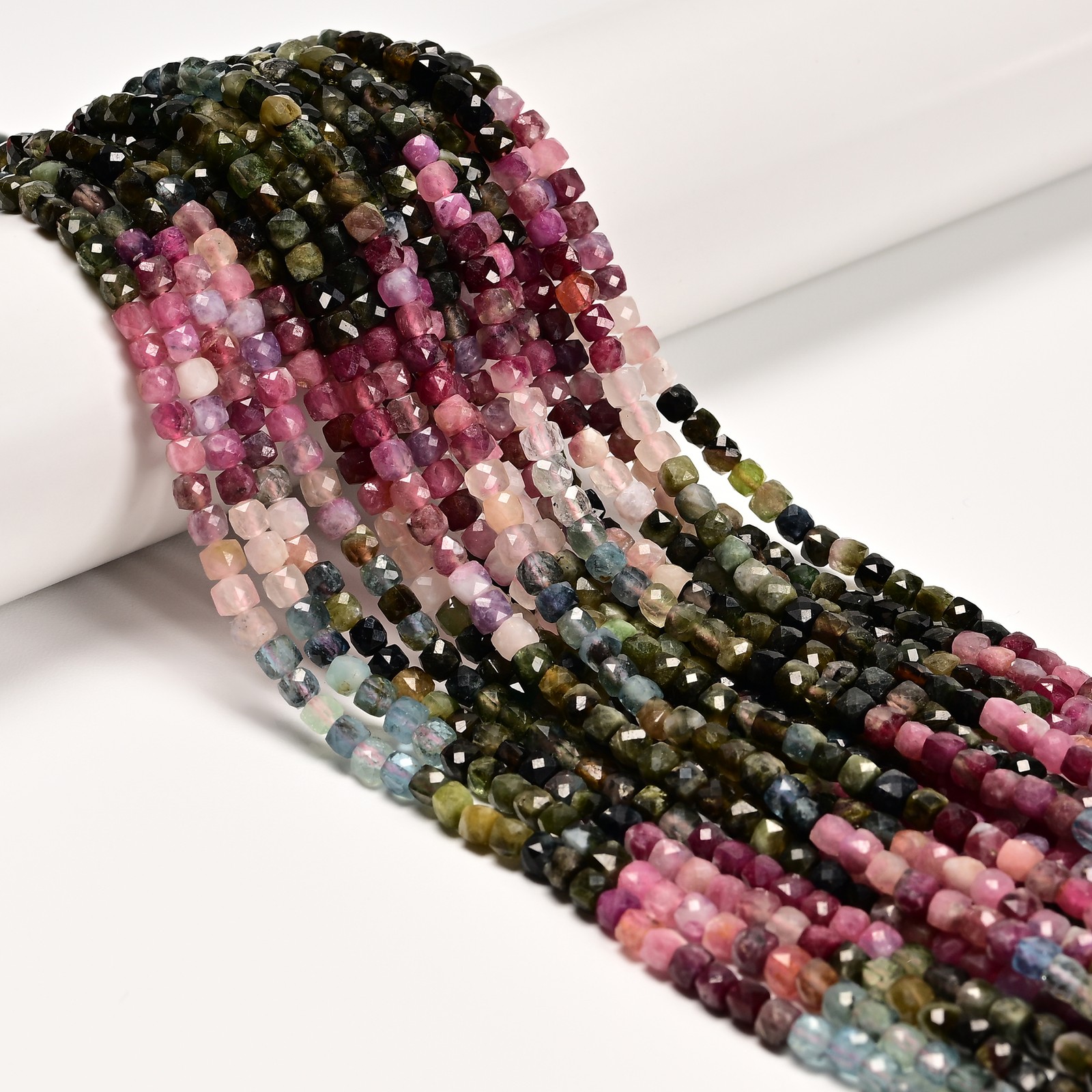 Gradient Natural Multi-color Tourmaline Faceted Cube Beads Size 4mm 15.5″ Strand