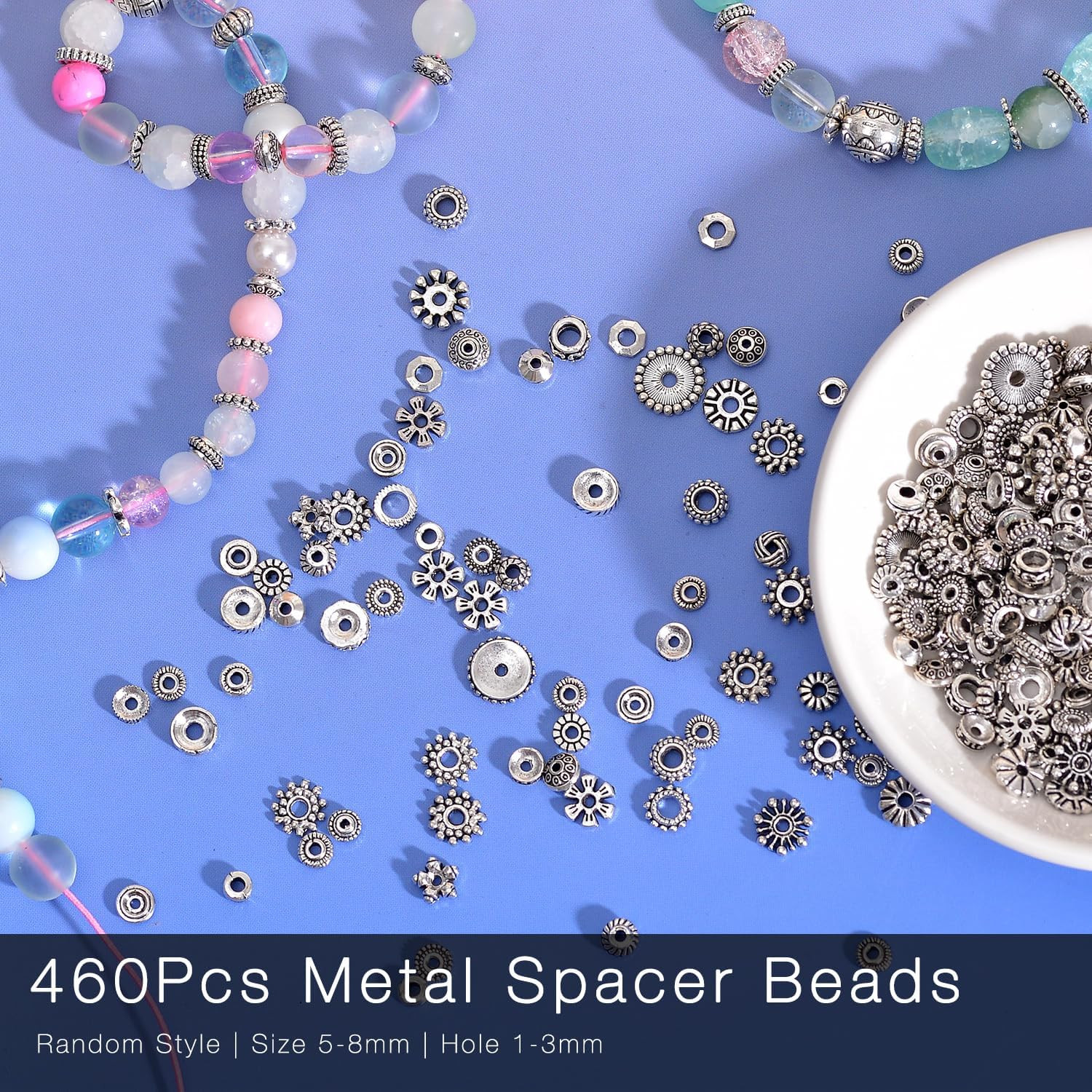 460Pcs Antique Silver Spacer Beads for Jewelry Making, Small Metal Flat Flower B