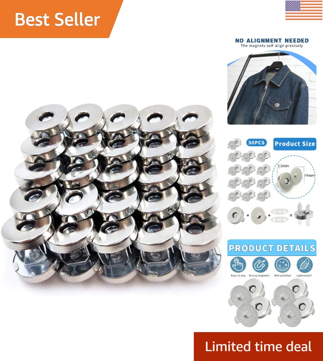14mm Silver Tone Magnetic Snap Buttons – Easy to Use for Purses & Accessories