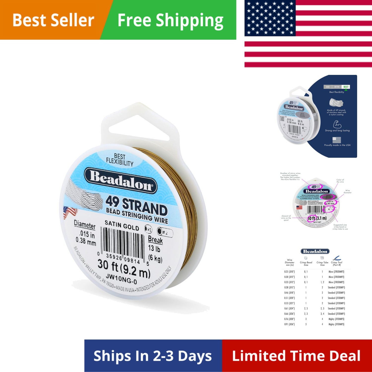 49 Strand Stainless Steel Bead Stringing Wire, .015 in / 0.38 mm, Satin Gold,…