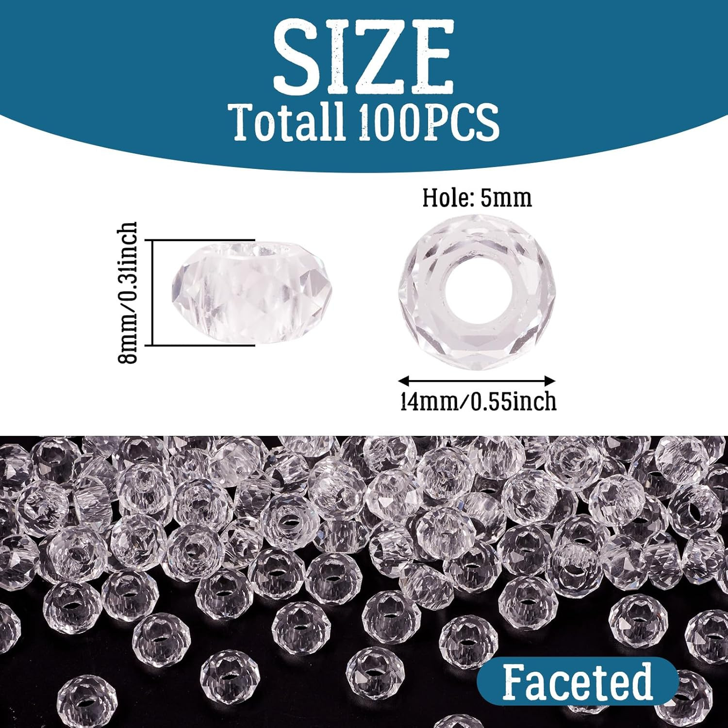 KISSITTY 100Pcs Clear Glass Faceted European Beads Bulk Crystal Large Hole Loose