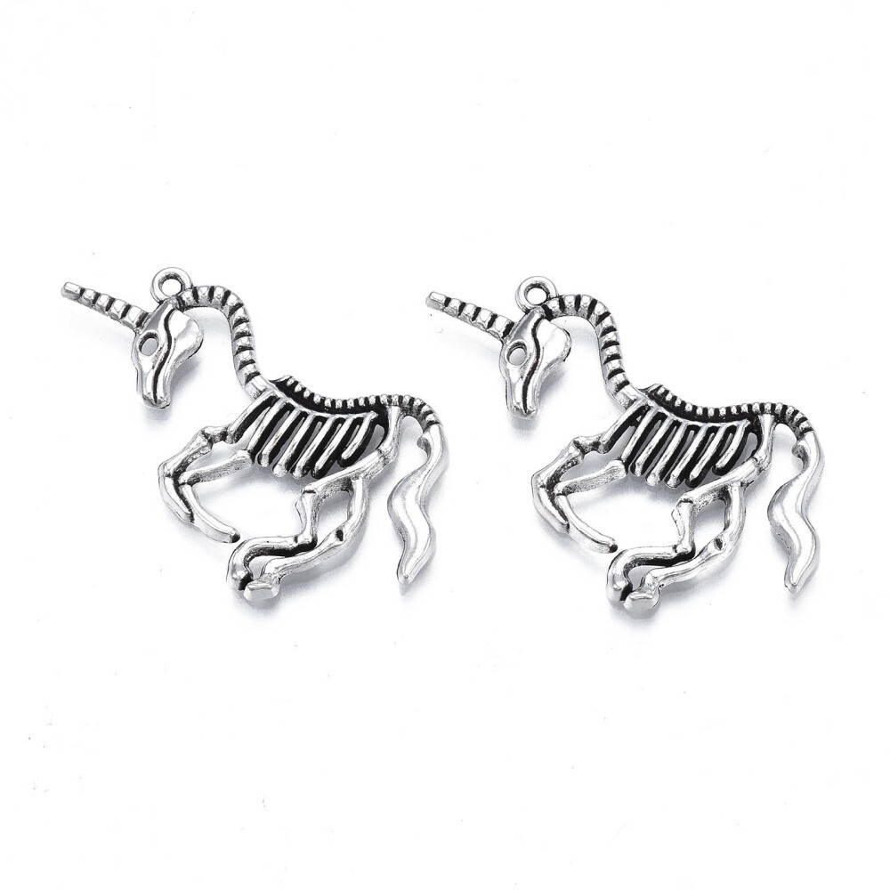 Unicorn Skeleton Charms Antiqued Silver Fairy Tale Pendants Gothic Death 41mm