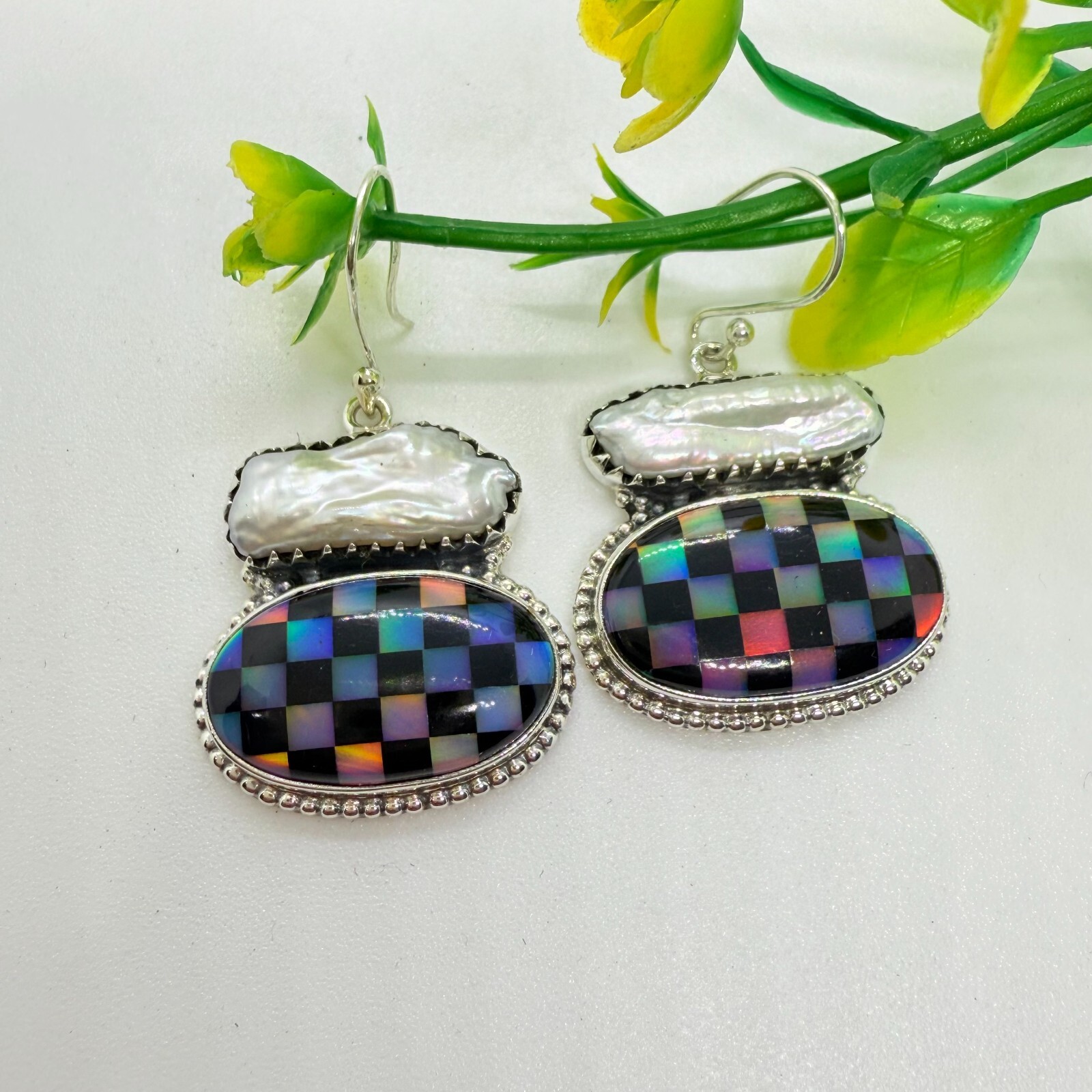 Beautiful Pearl, Lab Aurora & Onyx Checker Hoop Earrings, 925 Silver Jewelry