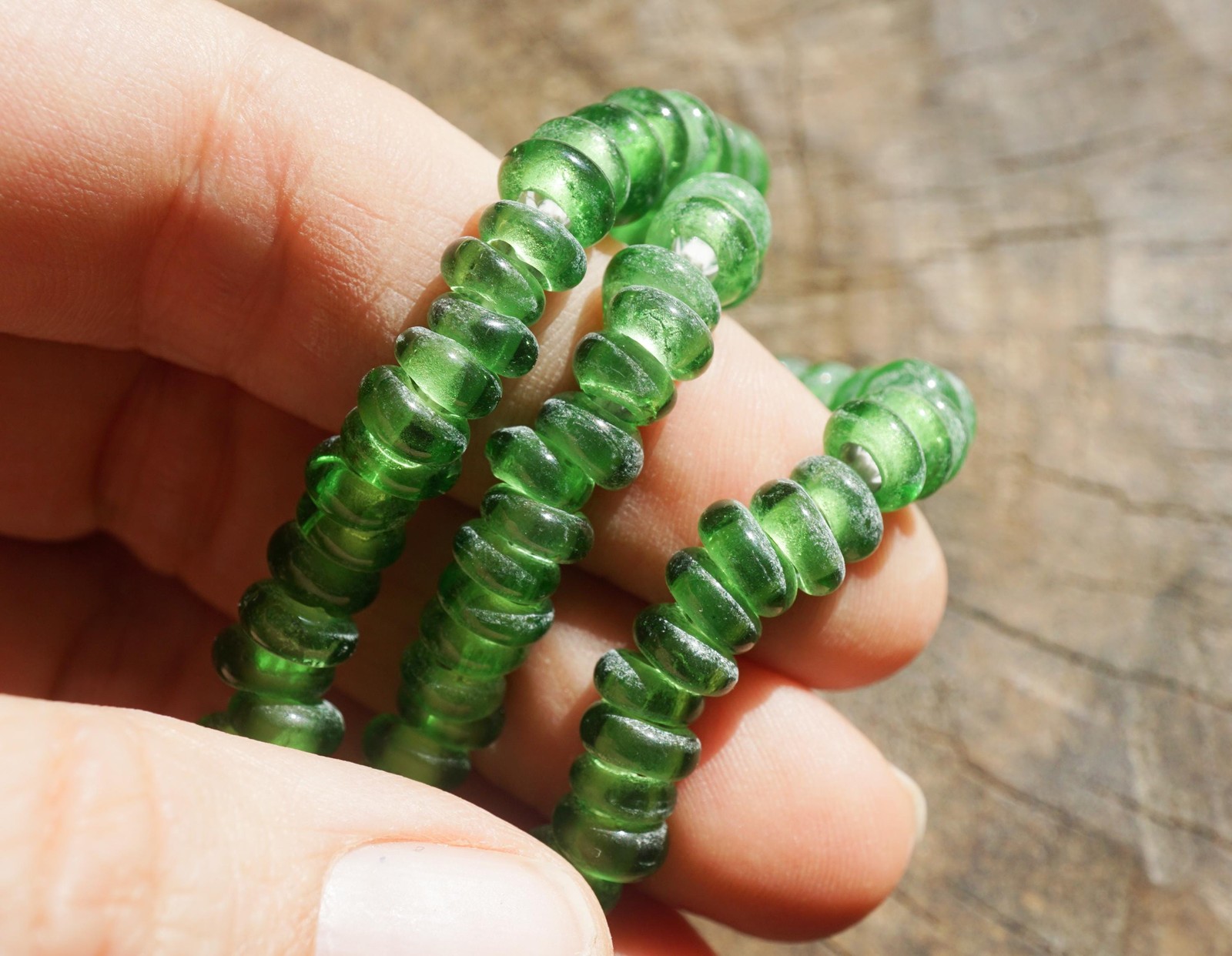 Artisan Made Green Java Glass Donut Beads (7mm) – Organic Parrot Green Strand
