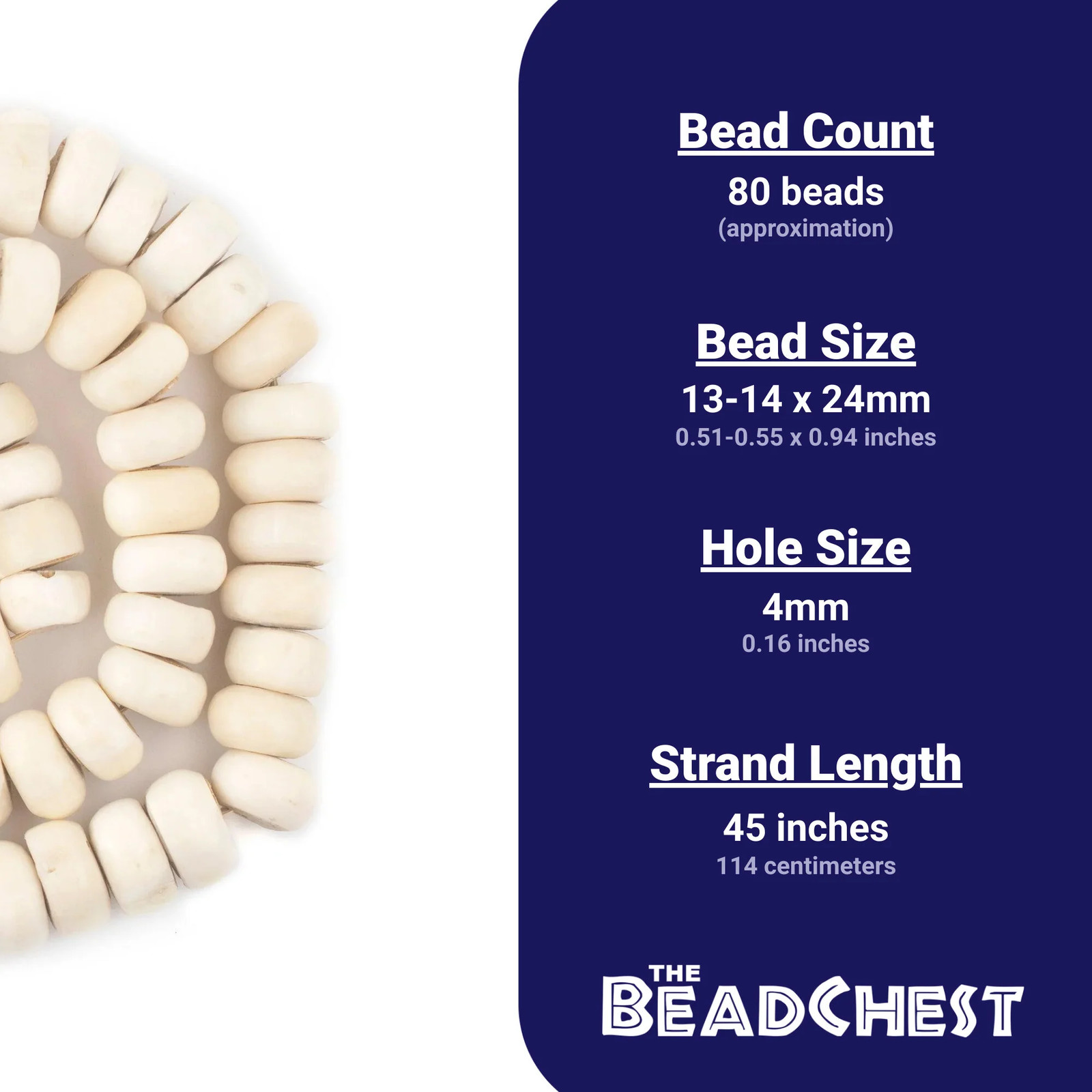 Polished White Bone Beads Double Length Decorative Strand 24mm Kenya African