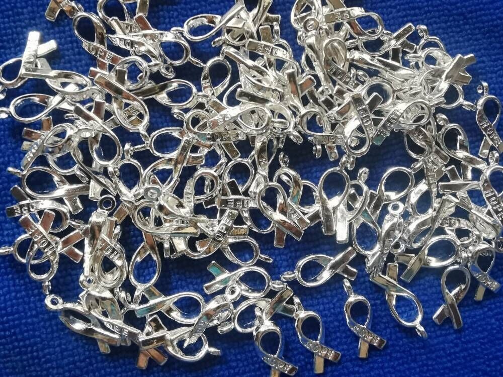 420PCS Shinny Silver Plated Cancer Awareness HOPE Ribbon Charms Jewelry Making
