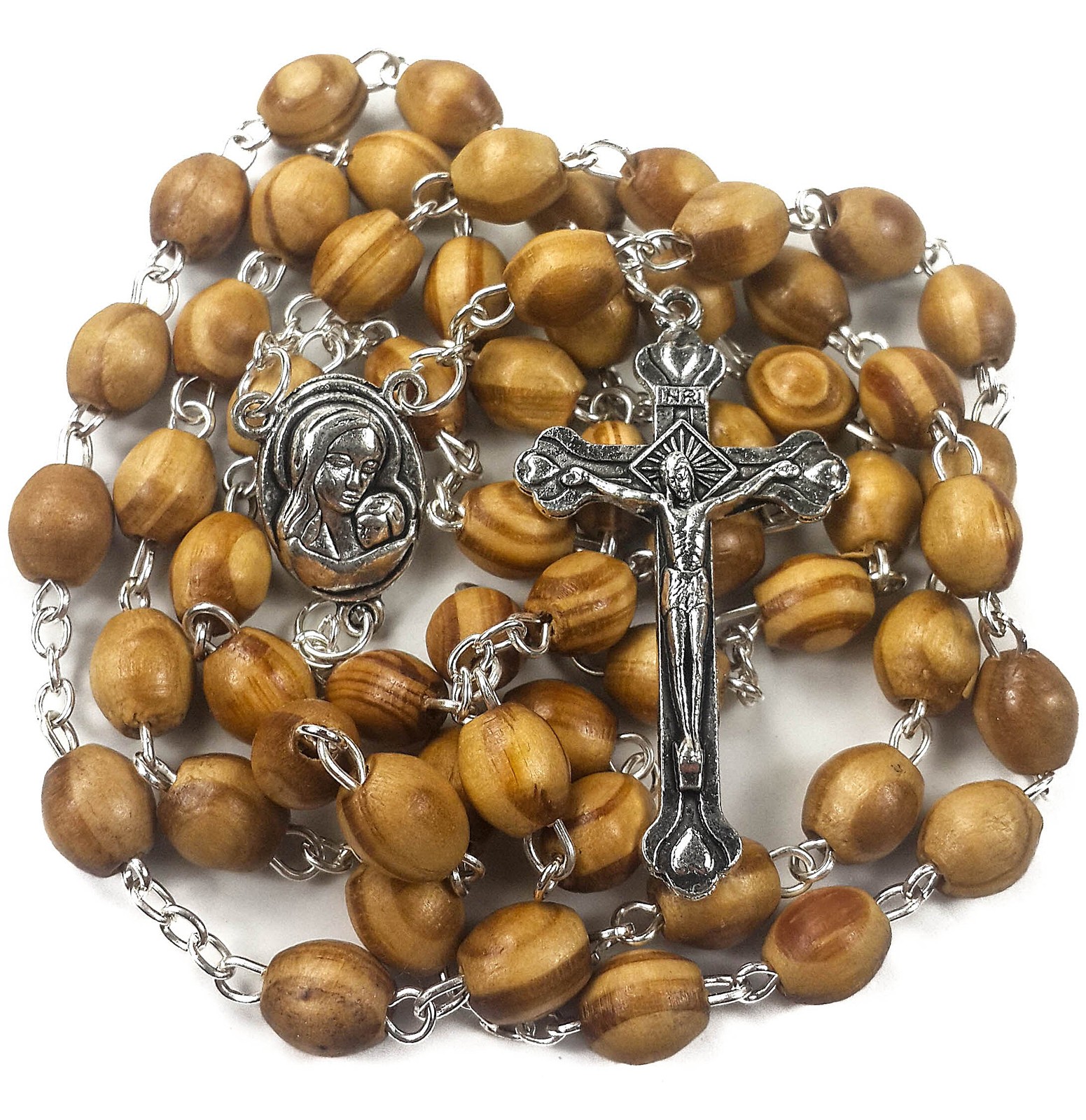 Catholic Rosary Olive Wood Beads Necklace Holy Soil Metal Cross Gift Bag