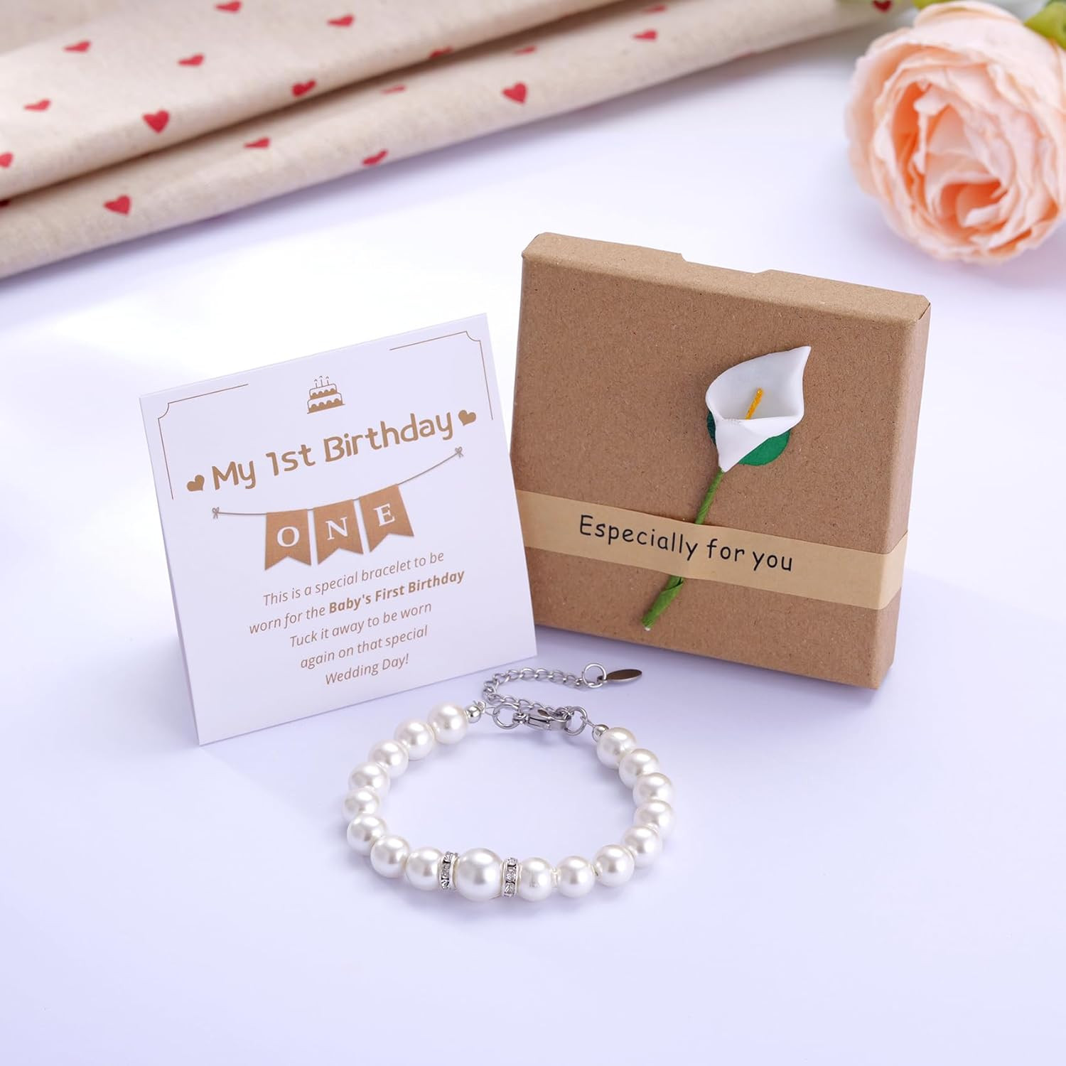First Birthday Pearl Bracelet Gift for 1 Year Old Daughter Granddaughter Niece,