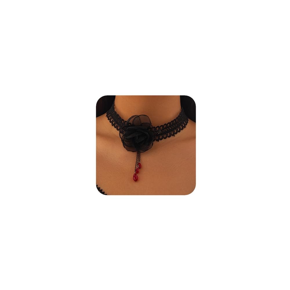 Women Black Halloween Lace Choker Necklace Tassels Shinny Red Crystal Punk Black