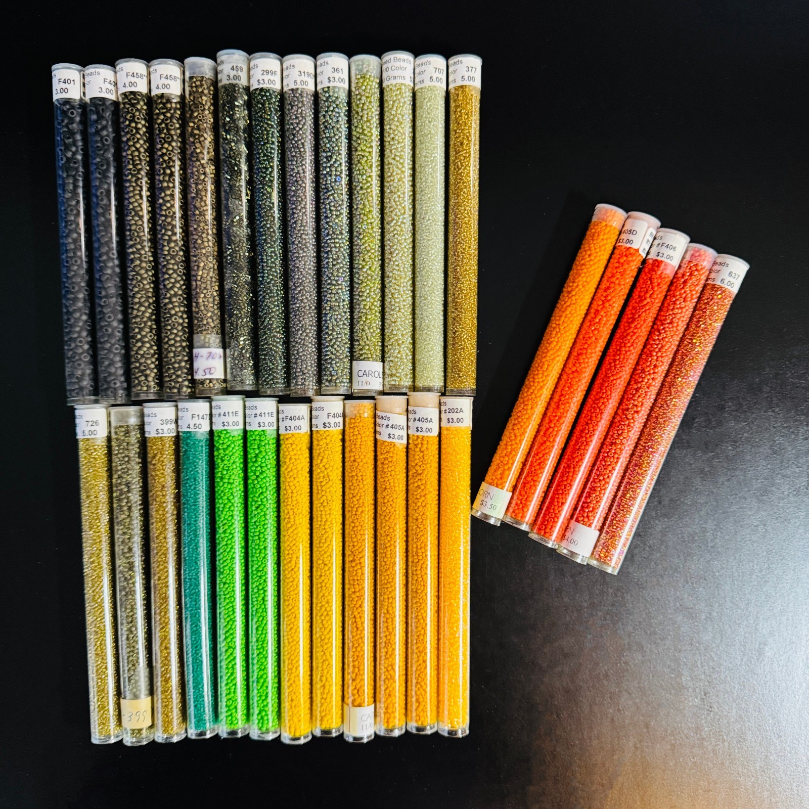 Glass Seed Bead Lot – 30 Tubes – Earth Tones + Day Glo Brights – Diff. Sizes NOS