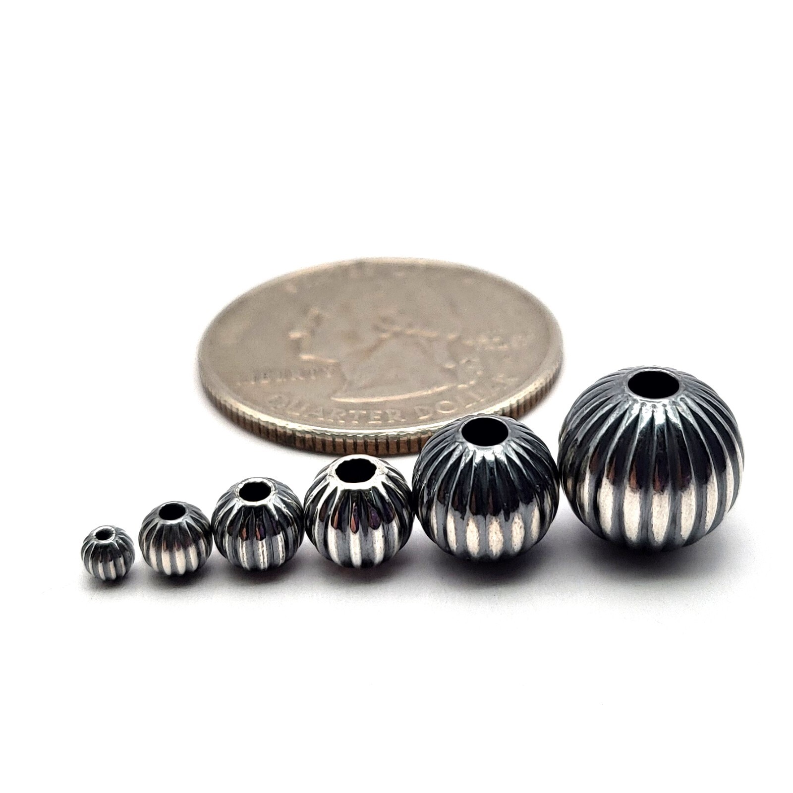 Lovely Round Navajo Pearl Real .925 Sterling Silver Corrugated Spacer Beads Ball