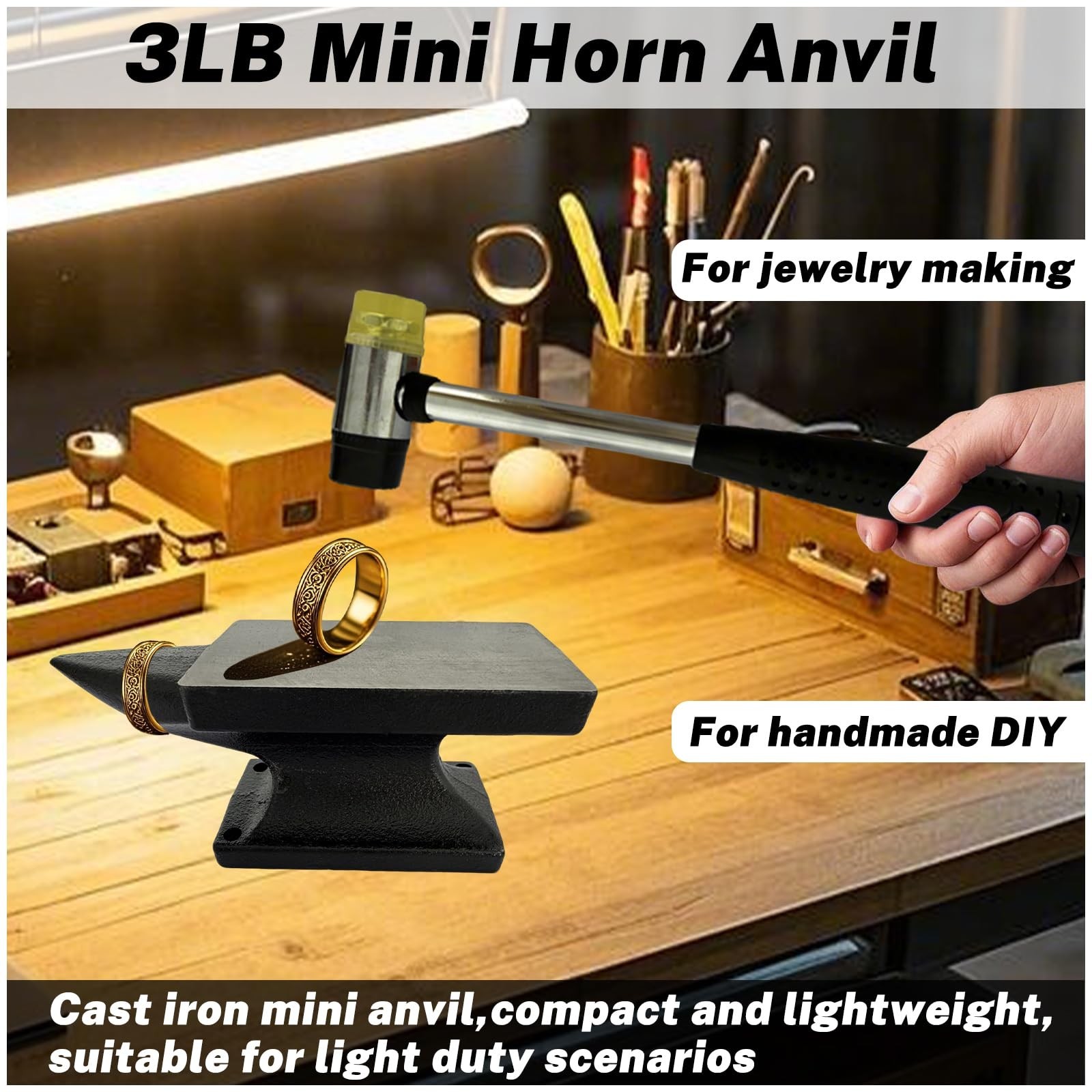 Mini Horn Anvil Set 3lbs Forged Iron with Rubber Hammer for Jewelry & Blacksmith