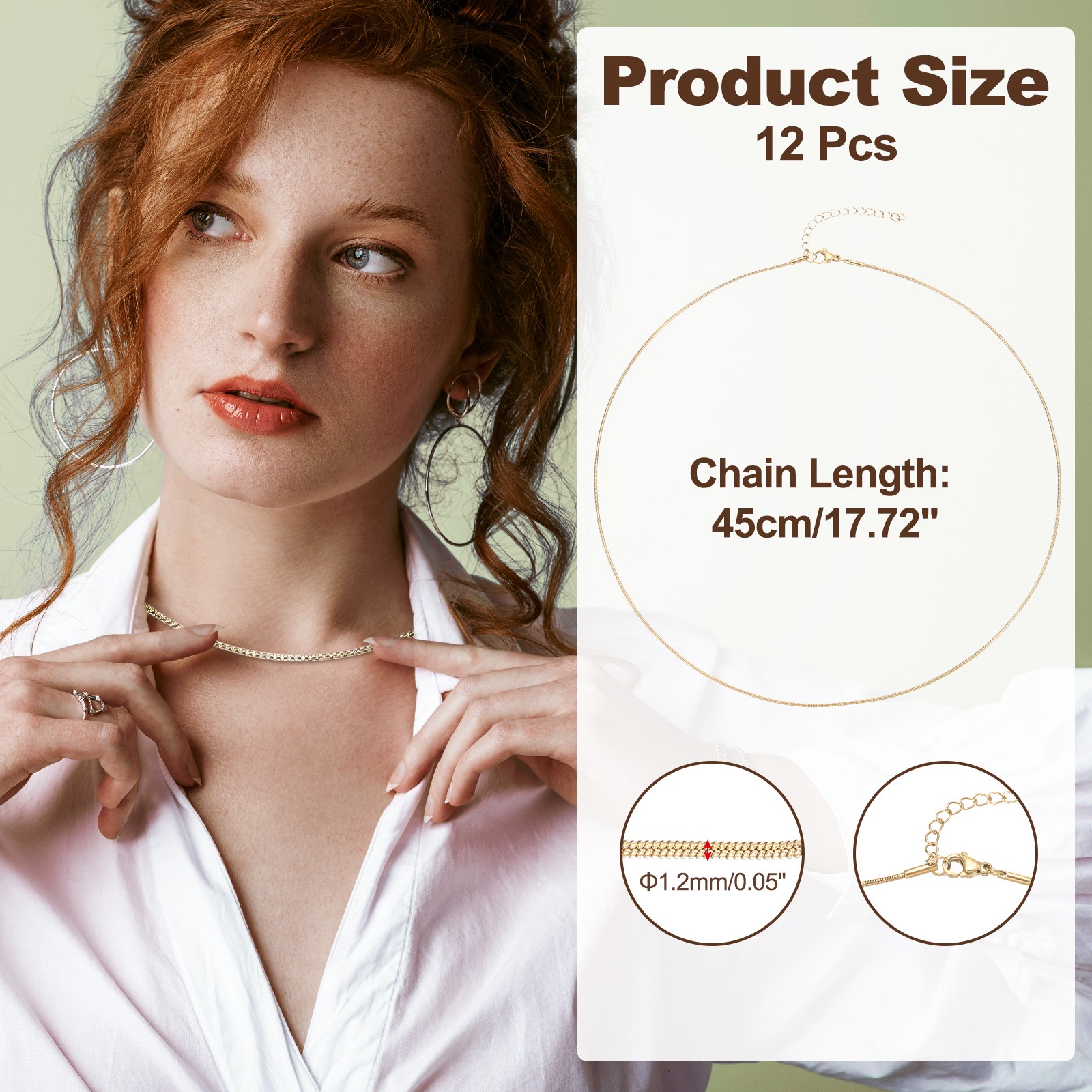 1.2mm/0.05″ Snake Chain Necklace, 12Pcs 20″ Round Chain Necklace, Gold Tone