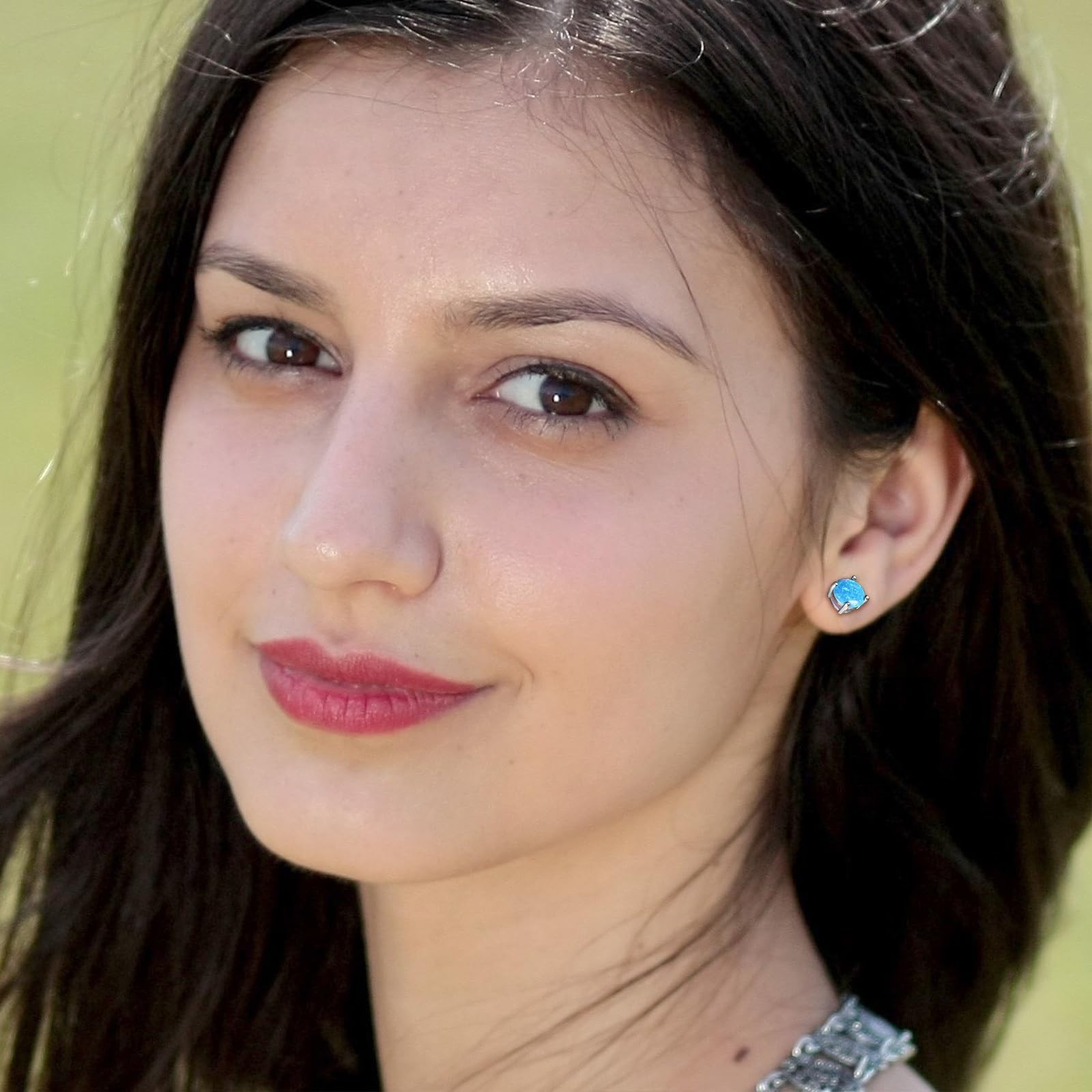 925 Sterling Silver Hypoallergenic Opal Stud Earrings, 8MM Blue Opal October Bir
