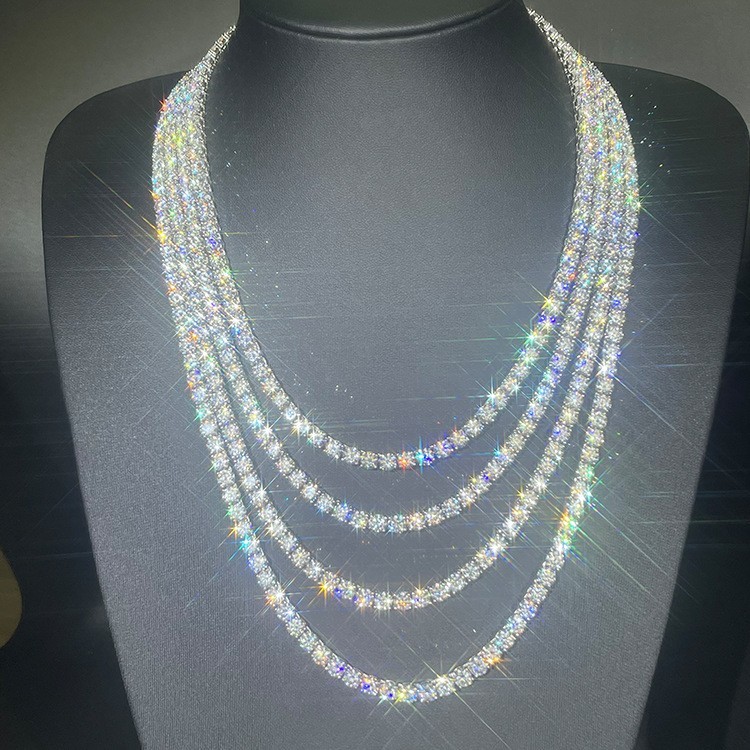 925 Solid Silver Tennis Cuban Chain Moissanite Diamond Necklace 2-6.5 mm Width