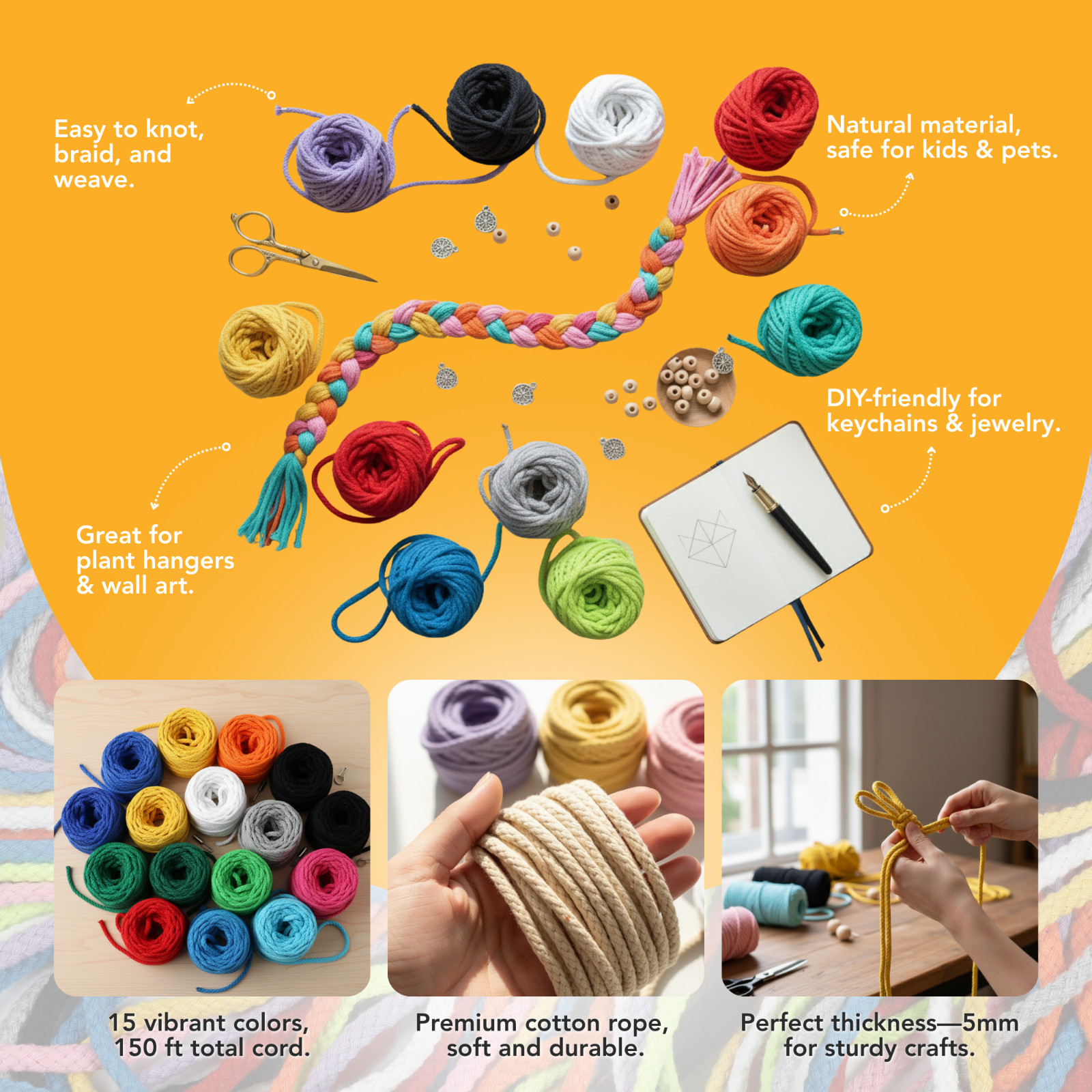 Incraftables 5mm Rope Cord (10 Colors). Best Cotton Macrame Cord 15ft per Color