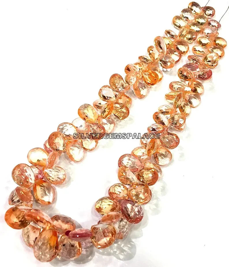 AAAA+ Rare Padparadscha Sapphire Faceted Necklace Sapphire Pear Cut Beads.