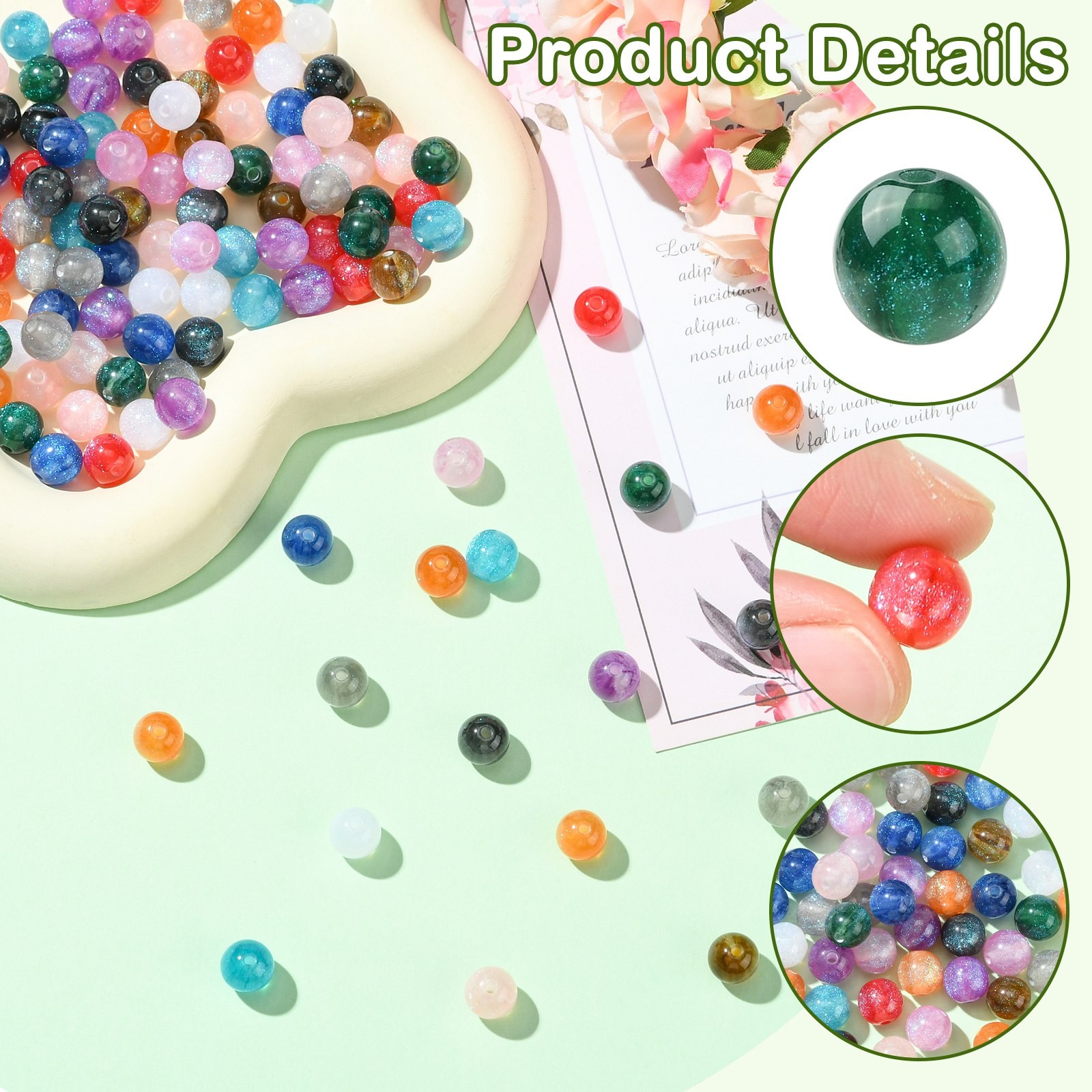 120pcs 8mm Imitation Cat Eye Round Resin Beads Glitter Powder Round Beads DIY