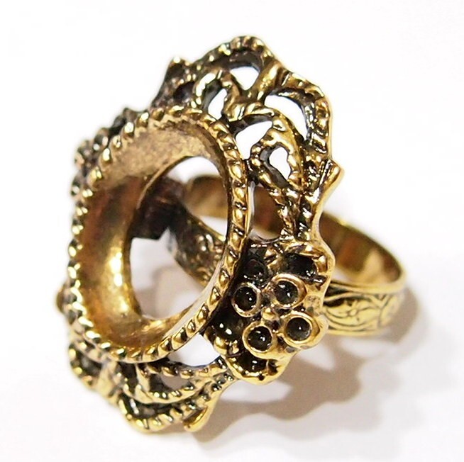 6 of 18x13mm Antique Gold Victorian Deco Lacy Flowers Adjustable Ring Settings
