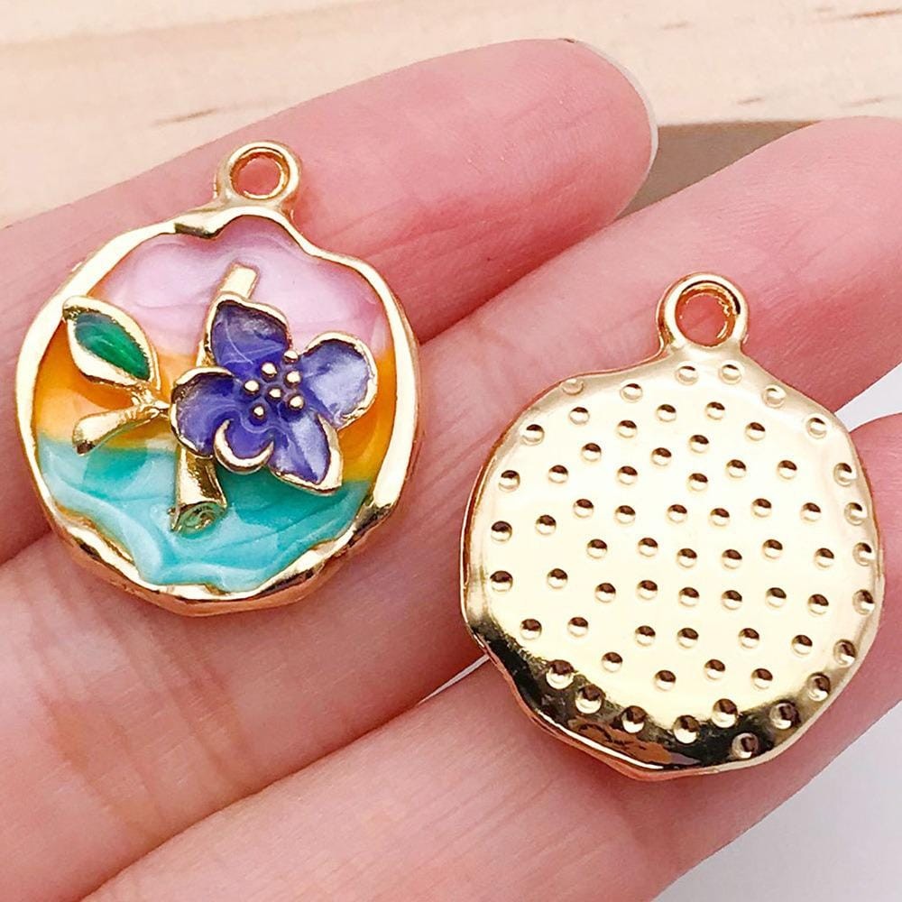 4PCS Gold Tone Enamel Oil Paint Style Round Charm Pendant 19X24mm ZF32